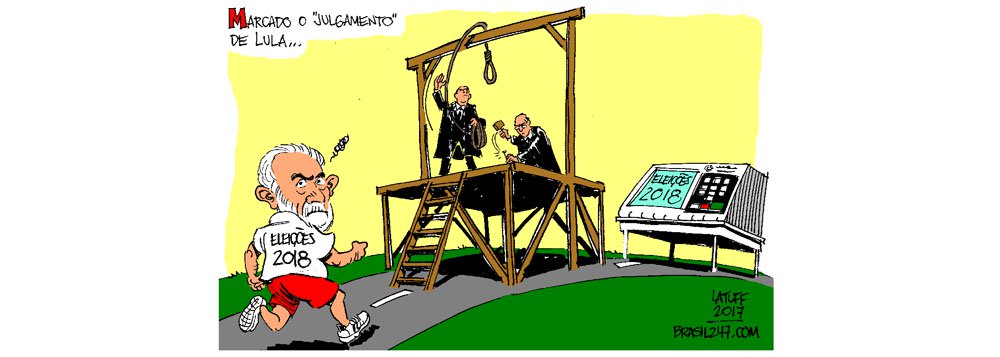 O chargista Carlos Latuff retrata nesta sexta-feira, 15, a corrida do ex-presidente Luiz Inácio Lula da Silva rumo às eleições do próximo ano e forca preparada pela Justiça para inabilitar sua candidatura; numa decisão com claro aspecto político, o TRF-4 atropelou a ordem cronológica dos processos e vai confirmar a condenação de Lula no dia 29 de janeiro