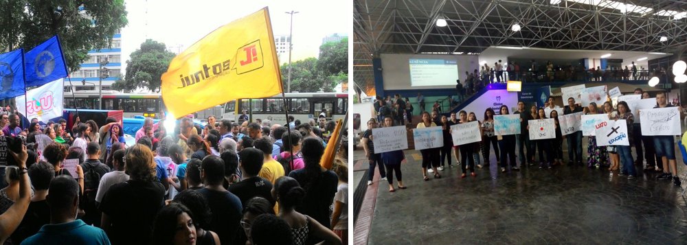 Grupo de estudantes fez passeata nesta segunda-feira 11 no Rio de Janeiro contra a demissão em massa de 1.200 professores pela Universidade Estácio de Sá, que irá recontratá-los em 2018 por meio de regime fora da CLT e com salário menor; a instituição derrubou ontem uma liminar que suspendia as demissões; os universitários ameaçam abandonar a instituição; "Não tem renovação de matrícula!", diz um folder