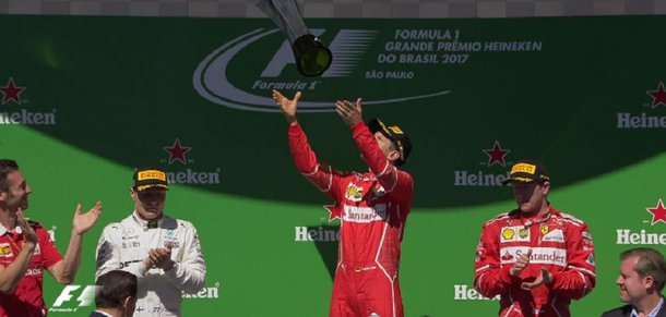 O alemão Sebastian Vettel venceu o GP do Brasil, neste domingo. O piloto da Ferrari garantiu o primeiro lugar logo na primeira curva, ao ultrapassar o pole Bottas; o campeão Lewis Hamilton deu show ao largar dos boxes, na última posição, e terminar em quarto lugar; o brasileiro Felipe Massa fez uma corrida tranquila e terminou na sétima posição