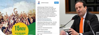 Líder do governo na Câmara, o deputado André Moura (PSC-SE) comete gafe nas redes sociais e publica imagem sobre a Independência para comemorar a proclamação da Independência da República, comemorada neste dia 15; alertado pelos seguidores, o parlamentar apagou as postagens e publicou uma imagem do marechal Deodoro da Fonseca