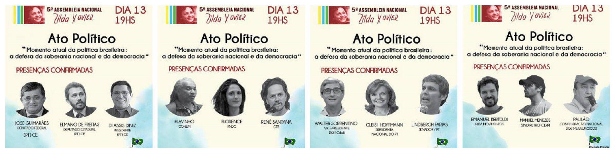 A organização política Consulta Popular está realizando, em Fortaleza, a partir de hoje, a 5ª Assembleia Nacional Zilda Xavier.  Na solenidade de abertura haverá o ato político “Momento atual da conjuntura brasileira: a defesa da soberania nacional e da democracia” . A presidenta do PT, Gleisi Hoffmann, e o líder do PT no Senado,Lindbergh Farias (PT-RJ) estão entre as personalidades que confirmaram presença. Segundo os organizadores  governador do Ceará, Camilo Santana (PT), também confirmou a presença