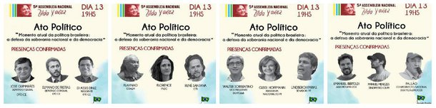 A organização política Consulta Popular está realizando, em Fortaleza, a partir de hoje, a 5ª Assembleia Nacional Zilda Xavier.  Na solenidade de abertura haverá o ato político “Momento atual da conjuntura brasileira: a defesa da soberania nacional e da democracia” . A presidenta do PT, Gleisi Hoffmann, e o líder do PT no Senado,Lindbergh Farias (PT-RJ) estão entre as personalidades que confirmaram presença. Segundo os organizadores  governador do Ceará, Camilo Santana (PT), também confirmou a presença