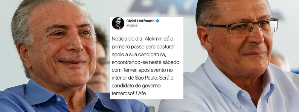 A presidente nacional do PT, Gleisi Hoffmann (PR), chamou a atenção para a aproximação de Geraldo Alckmin, focado em seu projeto de chegar ao Planalto em 2018, e Michel Temer; "Alckmin dá o primeiro passo para costurar apoio a sua candidatura, encontrando-se neste sábado com Temer, após evento no interior de São Paulo. Será o candidato do governo temeroso!", tuitou a senadora