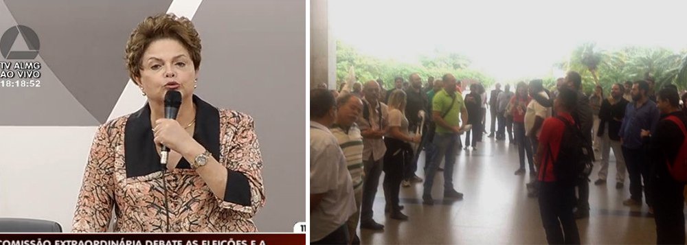 Militantes do MBL fizeram arruaça do lado de fora da Assembleia Legislativa de Minas Gerais nesta segunda-feira 11, enquanto Dilma Rousseff recebia uma homenagem da deputada Marília Campos (PT); eles gritaram "ei, Dilma, vai tomar no cu", foram vaiados e expulsos pelos petistas, que gritam de volta: "Fascistas, fascistas não passarão"; assista