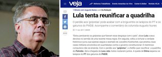 Jornalista critica reportagem que diz que o ex-presidente Lula "quer tentar reunificar a quadrilha do petrolão", um comentário do colunista Augusto Nunes; "Quando você imagina que a Veja vai tentar voltar a um jornalismo minimamente decente, a síndrome do escorpião fala mais alto", postou Nassif no Twitter