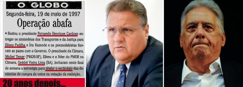 Preso nesta sexta-feira em Salvador, o ex-deputado Geddel Vieira Lima (PMDB-BA) é um dos corruptos mais longevos da política brasileira; há vinte anos, o Globo noticiava que ele e Michel Temer chantagearam o então presidente Fernando Henrique Cardoso para abafar investigações sobre a compra de votos para a reeleição; os peemedebistas só sossegaram quando arrancaram de FHC os ministérios dos Transportes com Eliseu Padilha e Íris Rezende