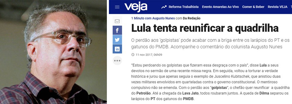 Jornalista critica reportagem que diz que o ex-presidente Lula "quer tentar reunificar a quadrilha do petrolão", um comentário do colunista Augusto Nunes; "Quando você imagina que a Veja vai tentar voltar a um jornalismo minimamente decente, a síndrome do escorpião fala mais alto", postou Nassif no Twitter
