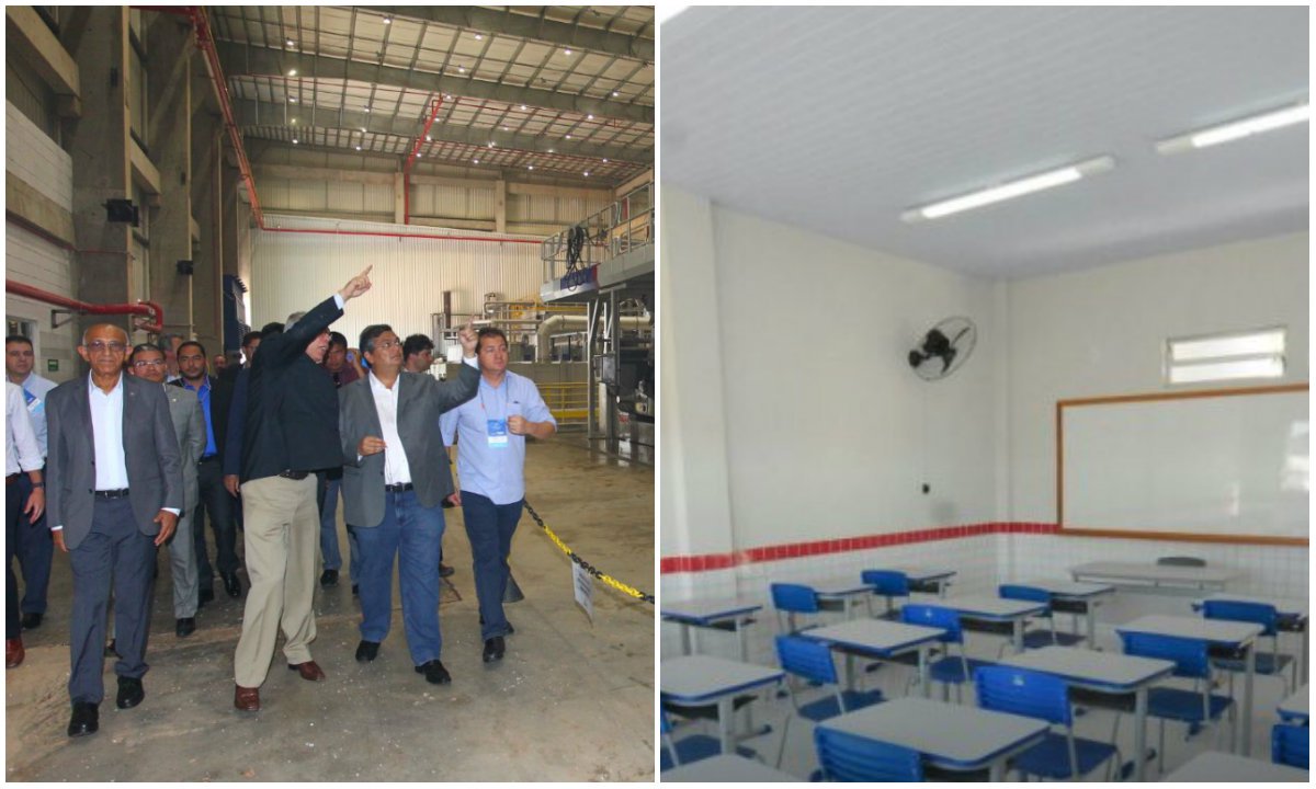 Quatro unidades do Programa Escola Digna serão construídas como contrapartida social da instalação da fábrica de papéis sanitários (tissue) da Suzano Papel e Celulose no Maranhão; as escolas serão construídas nos municípios de Açailândia, Urbano Santos, Montes Altos e Buriticupu, substituindo escolas improvisadas de taipa, palha e galpões ou outros estabelecimentos considerados inadequados, por estruturas de alvenaria e em condições necessárias para a aprendizagem dos estudantes maranhenses; para a implantação da fábrica de papel tissue, a Suzano investiu R$ 177 milhões, o que gerou mais de mil empregos diretos e indiretos durante as obras; governador Flávio Dino esteve presente na inauguração das fábricas da Suzano Papel e Celulose e da Peróxido do Brasil (Foto: Leonardo Lucena) Quatro unidades do Programa Escola Digna serão construídas como contrapartida social da instalação da fábrica de papéis sanitários (tissue) da Suzano Papel e Celulose no Maranhão; as escolas serão construídas nos municípios de Açailândia, Urbano Santos, Montes Altos e Buriticupu, substituindo escolas improvisadas de taipa, palha e galpões ou outros estabelecimentos considerados inadequados, por estruturas de alvenaria e em condições necessárias para a aprendizagem dos estudantes maranhenses; para a implantação da fábrica de papel tissue, a Suzano investiu R$ 177 milhões, o que gerou mais de mil empregos diretos e indiretos durante as obras; governador Flávio Dino esteve presente na inauguração das fábricas da Suzano Papel e Celulose e da Peróxido do Brasil