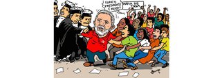 O chargista tocantinense Geuvar Oliveira retrata nesta quinta-feira, 14, o ex-presidente Luiz Inácio Lula da Silva como símbolo da luta do povo brasileiro pela sua candidatura a presidente contra a caçada judicial que tem se imposto contra o petista 