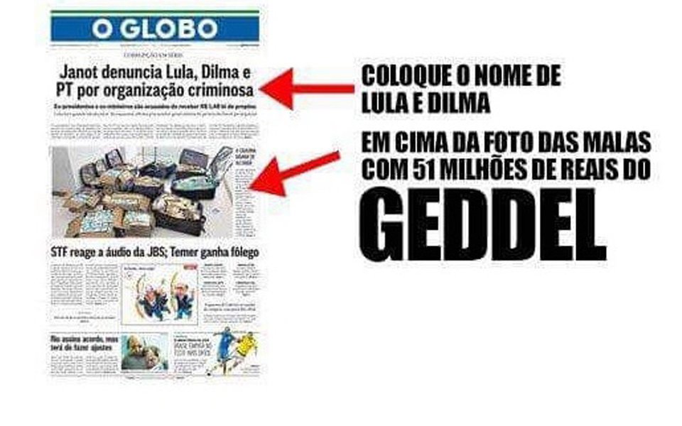 "O que tem sido praticado por alguns dos grandes veículos de comunicação brasileiros pode ser chamado de tudo, menos de jornalismo. O facciosismo com que informam, desinformam ou deformam há tempos atingiu níveis insuportáveis de irresponsabilidade", escreve o deputado federal Orlando Silva, do PCdoB; ele critica "falsificações, manipulações canhestras e irresponsáveis, que visam enganar o leitor desatento", e destaca que este é o caso da capa do jornal O Globo desta quarta-feira 6, que estampou a foto dos R$ 51 milhões de Geddel Vieira Lima, encontrados num apartamento, com uma manchete sobre denúncia apresentada contra Lula e Dilma, insinuando que o dinheiro seria dos ex-presidentes