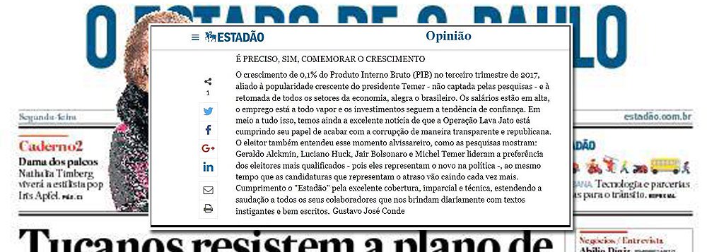 O linguista e professor Gustavo Conde fez um "teste" rápido esta semana com o Estadão e fez uma carta ao Estado de S. Paulo repetindo todos os argumentos tolos e toscos que sobram nas notícias e comentários "de verdade" que ele publica; "Os salários estão em alta, o emprego está a todo vapor e os investimentos seguem a tendência de confiança. Em meio a tudo isso, temos ainda a excelente notícia de que a Lava Jato está cumprindo seu papel de acabar com a corrupção de maneira transparente e republicana", diz a carta; "Parabenizo o Estadão pela excelente cobertura, imparcial e técnica, estendendo a saudação a todos os seus colaboradores que nos brindam diariamente com textos instigantes e bem escritos"