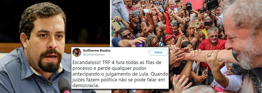 O líder do Movimento dos Trabalhadores Sem Teto, Guilherme Boulos comentou a velocidade com a qual o julgamento da acusação contra o ex-presidente Lula no caso do triplex está acontecendo; o caso será julgado em 24 de janeiro; "Escandaloso! TRF 4 fura todas as filas de processo e perde qualquer pudor antecipando o julgamento de Lula. Quando juízes fazem política não se pode falar em democracia", escreveu Boulos em seu perfil no Twitter