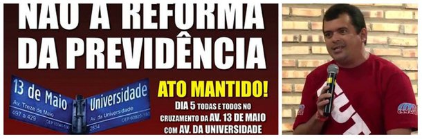 Após o recuo de Michel Temer de colocar a reforma da previdência em votação esta semana, a greve geral marcada para amanhã foi adiada, mas a mobilização para um ato público de repudio à reforma foi reforçada. Em Fortaleza, o ato acontece a partir das 8 horas da manhã, com concentração  no cruzamento das avenidas 13 de maio e Universidade, organizado pela Frente Brasil  Popular no Ceará e pelas centrais sindicais. O presidente da CUT Ceará, Wil Pereira, reforça convocação e destaca a importância de manter a mobilização. "Mais do que nunca, precisamos – e vamos – permanecer em estado de alerta, vigilantes e mobilizados para impedir a votação dessa Reforma da Previdência.Um ataque nefasto e que retira direitos fundamentais da classe trabalhadora"