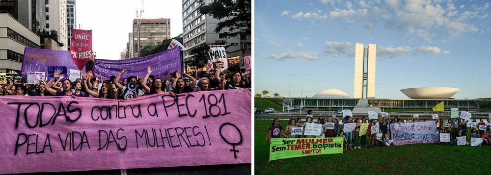 Mulheres protestaram em diversas cidades do país nesta segunda-feira (12) contra trecho da Proposta de Emenda Constitucional (PEC) 181/2015 que pode abrir a possibilidade de proibir todas as formas de aborto no país, inclusive dos casos considerados legais, como no estupro
