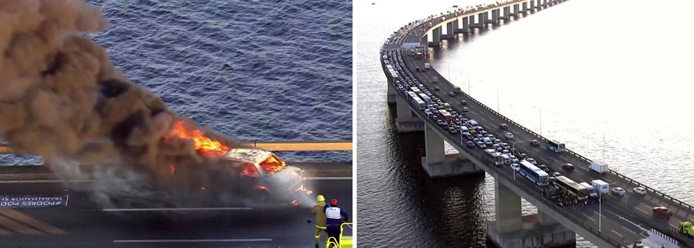Manifestantes atearam fogo em um carro na ponte Rio-Niterói na manhã desta sexta-feira (10); de acordo com a Polícia Rodoviária Federal (PRF), manifestantes pararam o carro no quilômetro 322 Sul (Pórtico7), atearam fogo ao veículo e deixaram o local de motocicletas; bem próximo ao veículo é possível observar uma faixa de protesto com os dizeres: "Podres poderes. Trabalhador resiste"; ato deve ser parte das manifestações que ocorrem pelo País contra a reforma trabalhista, que entra em vigor neste sábado, 11