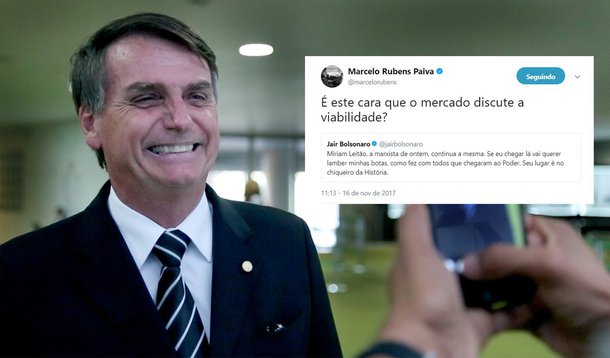 O escritor Marcelo Rubens Paiva, em sua conta no Twitter, critica o fato do deputado federal e presidenciável Jair Bolsonaro (PSC-RJ) reagir de modo violento a qualquer crítica: "É este cara que o mercado discute a viabilidade?", escreveu Paiva; na terça-feira, Bolsonaro insinuou que a jornalista Miriam Leitão é uma "porca" após a colunista dizer que "Bolsonaro não sabe nada de economia"