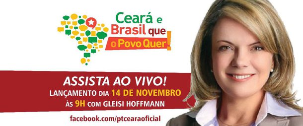 O lançamento da plataforma "Brasil Que o Povo Quer", será amanhã,14 de novembro, às 9h, na Assembleia Legislativa, em Fortaleza com a presença da presidenta nacional do PT, senadora Gleisi Hoffmann. A plataforma é parte do processo de debate para a construção de um novo projeto para o Brasil e para o Ceará, que será apresentado nas eleições de 2018. Na ocasião acontece ainda à posse dos secretários dos setoriais do Partido  