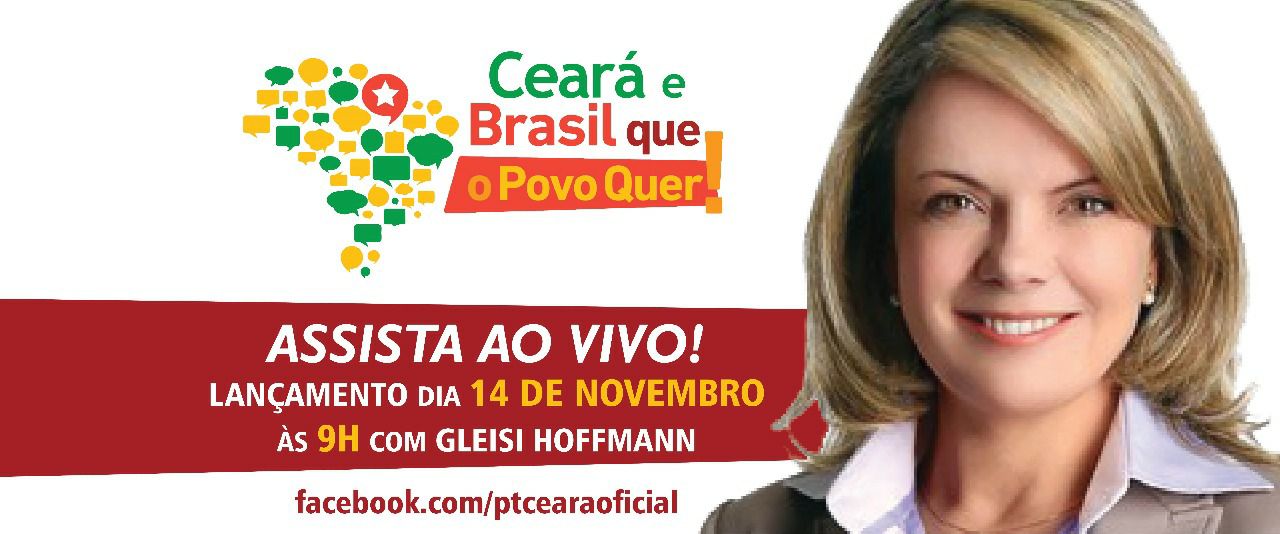O lançamento da plataforma "Brasil Que o Povo Quer", será amanhã,14 de novembro, às 9h, na Assembleia Legislativa, em Fortaleza com a presença da presidenta nacional do PT, senadora Gleisi Hoffmann. A plataforma é parte do processo de debate para a construção de um novo projeto para o Brasil e para o Ceará, que será apresentado nas eleições de 2018. Na ocasião acontece ainda à posse dos secretários dos setoriais do Partido  