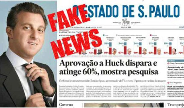Desespero nas vésperas de 2018 tem nome: Estadão. Haja vista a manchete "fake" empregada pelo jornalão paulistano: "Aprovação a Huck dispara e atinge 60%, mostra pesquisa"; para o blogueiro Esmael Morais, isto chama-se expor ao ridículo o ridículo; "A ideologia, meu caro leitor, nada mais é que a falsa representação da verdade. É ela que faz o oprimido (trabalhador) defender as teses do opressor (empregador) e do capital financeiro (bancos). E o Estadão é uma dessas ferramentas nesse controle de mentes por meio das 'fake news' — as malditas notícias falsas"