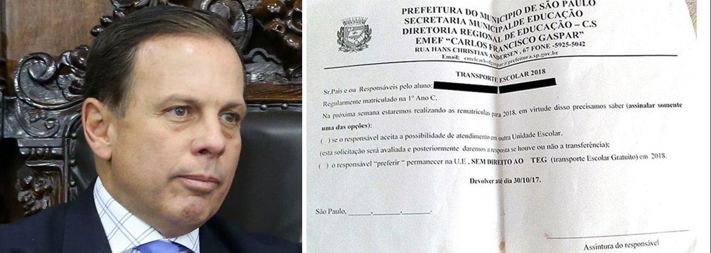 Familiares estão recebendo comunicado dando ciência de que devem aceitar a mudança de escola dos filhos ou ficarão sem transporte escolar gratuito em 2018; mães relataram que não está havendo diálogo, são convidadas pelas diretorias das unidades apenas para assinar o documento, já com o nome das crianças e, em alguns casos, com o nome da escola para onde serão transferidos os alunos