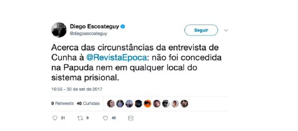 O editor chefe da revista Época, Diego Escosteguy, fez revelação curiosa no Twitter: a entrevista do ex-deputado Eduardo Cunha à revista, capa desta semana, “não foi concedida na Papuda nem em qualquer local do sistema prisional”; "Das duas, uma: Cunha está fora da prisão ou saiu da cana para papear com os jornalistas da publicação, que pertence ao grupo Globo. Seja qual for a alternativa, é ilegal", afirma o DCM