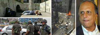 O Rio de Janeiro vive um dia de guerra; com os tiroteios na Rocinha, entre grupos que disputam o comando do tráfico de drogas, escolas foram fechadas, moradores entraram em pânico e o governador Luiz Fernando Pezão pediu socorro às Forças Armadas; até mesmo as ruas de acesso ao Rock in Rio foram fechadas; "Não vamos recuar", disse Pezão