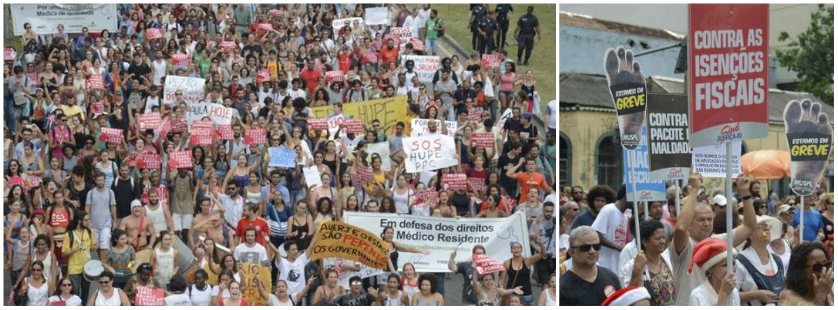 Os servidores estaduais do Rio de Janeiro de diversas categorias fazem um dia de luta e paralisações, contra medidas adotadas pelo governo federal e estadual; trabalhadores da educação vão paralisar as atividades, e os da saúde vão realizar mobilizações ao longo do dia, entre outros servidores; em ofício, o Sindicato Estadual dos Profissionais da Educação do Rio de Janeiro (Sepe) comunica ao secretário de comunicação sobre a greve de 24h, "como parte de uma greve geral do funcionalismo estadual contra as seguidas medidas do Governo Estadual que tanto afetam os servidores públicos ativos e inativos e como [contra] os atrasos de salários, aumento da alíquota previdenciária e a perda de direitos"
