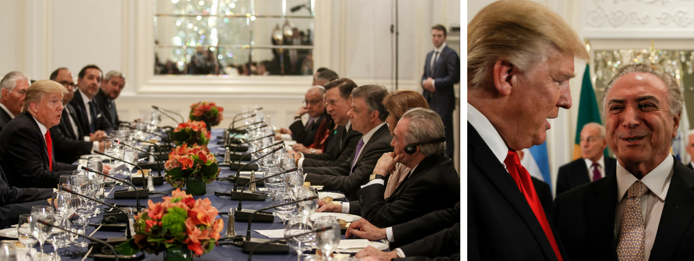No poder devido a um golpe de Estado que destituiu a presidente legitimamente eleita, Michel Temer saiu de um jantar com o presidente americano, Donald Trump, realizado ontem em Nova York, defendendo ações para garantir a "democracia" na Venezuela; o encontro, promovido por Trump com líderes latino-americanos, mais pareceu uma reunião de "doutrinação" dos EUA contra o presidente venezuelano, Nicolás Maduro; como não poderia deixar de ser, Temer saiu do jantar repetindo o que aprendeu na cartilha americana:" A opinião de todos é a necessidade de uma resolução democrática na Venezuela. Houve uma coincidência na posição dos participantes"; nas redes sociais, o brasileiro foi ridicularizado por ter sido o único a precisar recorrer a fones de ouvido com tradução simultânea
