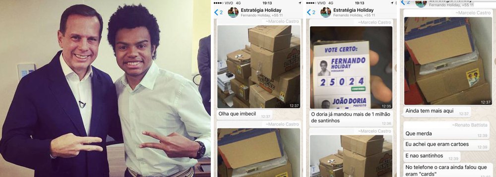 O ex-advogado de Fernando Holiday (DEM), um dos líderes do MBL (Movimento Brasil Livre), afirma que o vereador deixou de declarar mais de 1 milhão de "santinhos" de propaganda eleitoral doados pelo prefeito João Doria (PSDB) durante a campanha, em setembro de 2016;  Cleber Santos Teixeira entregou ao Ministério Público Federal, que trabalhou com Holiday no período, entregou provas de essas e outras falcatruas do democrata em sua corrida eleitoral