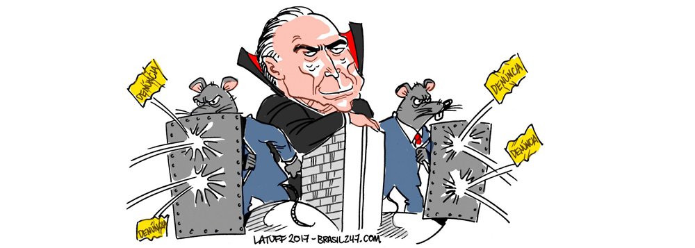 Pelas regras da Constituição, a denúncia só tem prosseguimento se essa for a vontade de 342 deputados. Temer e seus aliados precisam, portanto, trabalhar para que a soma dos parlamentares que votarão contra a denúncia, dos ausentes e das abstenções não chegue a 172; chargista Latuff retrata a tragédia brasileira