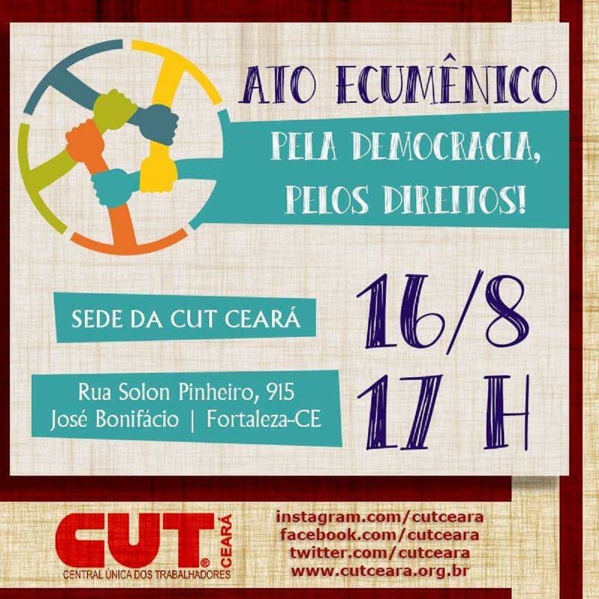 Após ter sido alvo de um atentado, no dia 20 de julho, sem que até o momento, a polícia tenha identificado os bandidos, a Central Unica dos Trabalhadores do Ceará (CUT-CE), realiza nesta quarta-feira (16), um ato ecumênico, em defesa da democracia e dos direitos. O ato está marcado para as 17 horas, na sede da entidade, à Rua Solon Pinheiro, 915, em Fortaleza