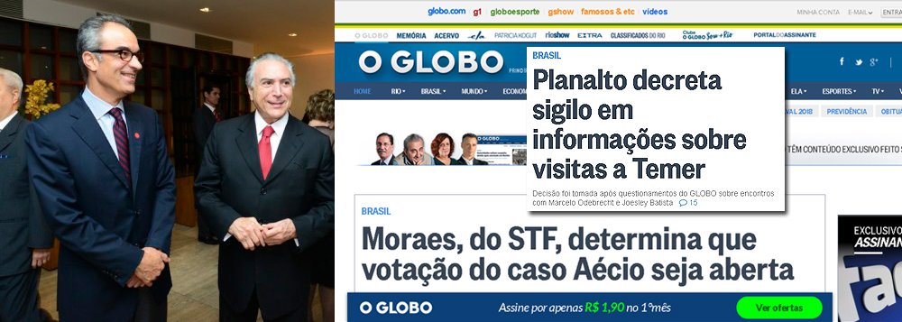 Michel Temer, que conspirou contra a democracia brasileira e traiu a presidente Dilma Rousseff, só chegou ao poder porque teve o apoio de João Roberto Marinho, da Globo; ontem, no entanto, seu governo rasgou o princípio da transparência pública e adotou uma prática típica de ditaduras: classificou como confidenciais os registros de visitas de Marcelo Odebrecht e Joesley Batista ao Palácio do Jaburu; curiosamente, o Gabinete de Segurança Institucional vazou todos os registros sobre Dilma; agora, vítima de censura, o Globo pretende recorrer ao STF para obrigar o Planalto a revelar um segredo de Polichinelo: o de que Temer era unha e carne com a JBS e a Odebrecht