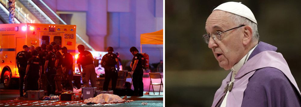 O papa Francisco chamou a morte de mais de 50 pessoas por um homem armado em Las Vegas de uma "tragédia sem sentido"; "Profundamente entristecido ao saber do ataque a tiros em Las Vegas, o papa Francisco envia a garantia de sua proximidade espiritual a todos aqueles afetados por essa tragédia sem sentido", disse o papa em mensagem enviada ao bispo da cidade do Estado norte-americano de Nevada, nesta segunda-feira