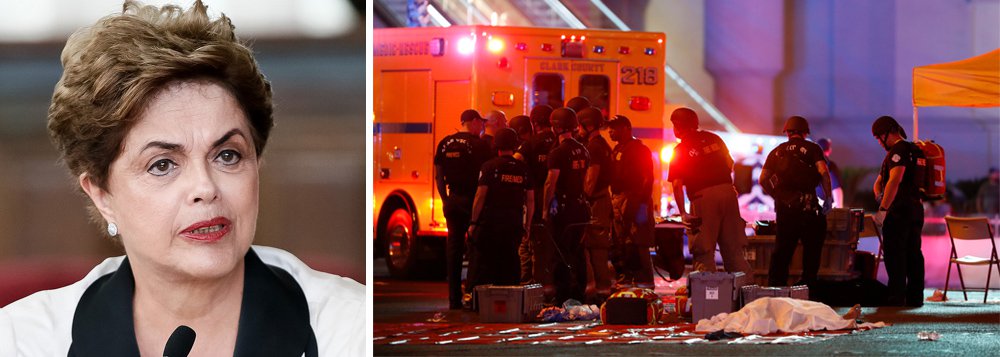 Em seu Twitter, a presidente deposta Dilma Rousseff se disse "chocada com o noticiário sobre o ataque nos EUA" e prestou "condolências às famílias das vítimas", além de desejar "recuperação aos feridos"; pelo menos 58 pessoas morreram e mais de 500 pessoas ficaram feridas quando um homem de 64 anos abriu fogo contra o público de um festival de música country em Las Vegas, na noite deste domingo