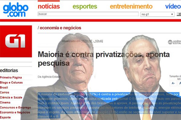 Apenas 25% dos brasileiros aprovava as privatizações. A percepção era a de que as privatizações pioraram os serviços prestados à população nos setores de telefonia, estradas, energia elétrica e água e esgoto