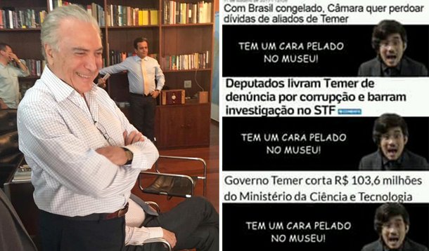 Viraliza nas redes sociais um meme em que o o líder do Movimento Brasil Livre (MBL), Kim Kataguiri, aparece como instrumento para desviar a atenção do brasileiro diante do desmonte de direitos dos trabalhadores e da dilapidação dos recursos públicos promovida pelo governo de Michel Temer; "Tem um cara pelado no museu", grita Kataguiri, enquanto a Câmara perdoa dívidas de aliados de Temer, deputados o anistiam da denúncia de corrupção e o governo corta mais de R$ 100 milhões da Ciência e Tecnologia