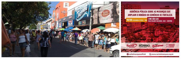 A proposta do Prefeito Roberto Cláudio que muda o horário de funcionamento do comércio de Fortaleza, estará em debate hoje à noite, numa audiência publica convocada conjuntamente pela Câmara Municipal e Assembleia Legislativa, através dos vereadores Acrísio Sena (PT) e Guilherme Sampaio (PT) e da deputada estadual Rachel Marques (PT). A proposta não tem o apoio do Sindicato dos Comerciários que considera a medida prejudicial à categoria com a ampliação da jornada de trabalho, a falta de segurança e a falta de transporte público
 
 