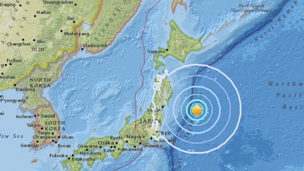 Um terremoto de intensidade de 6,1 graus na escala Rchter sacudiu a costa leste do Japão nesta quarta-feira (20), segundo o serviço geológico dos Estados Unidos (USGS); o tremor ocorreu em área oceânica, a 10 quilômetros de profundidade e a 281 quilômetros da costa da Ilha de Honshu, centro do Japão