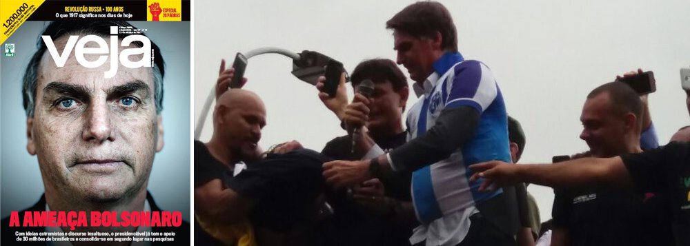 Tradicionalmente alinhada com o PSDB, a revista Veja divulgou sua capa deste fim de semana em que trata o deputado Jair Bolsonaro (PSC-RJ) como uma ameaça ao Brasil; pré-candidato a presidente em ascensão, Bolsonaro se aproveita do clima de divisão e ódio instalado no País desde de 2014, com auxílio fundamental dos veículos de comunicação, entre eles a revista da família Civita 