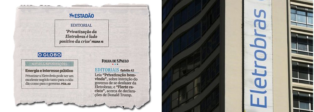 O blog Nocaute, do jornalista Fernando Morais, criticou a euforia indisfarçável dos três principais jornais do País com o anúncio da privatização da Eletrobras pelo governo de Michel Temer; "Quando é para privatizar eles são irmãos siameses, xifópagos, univitelinos. Cara dum, focinho dos outros", diz o Nocaute, sobre os editoriais da Folha de S. Paulo, O Globo e Estado de S. Paulo desta quarta-feira