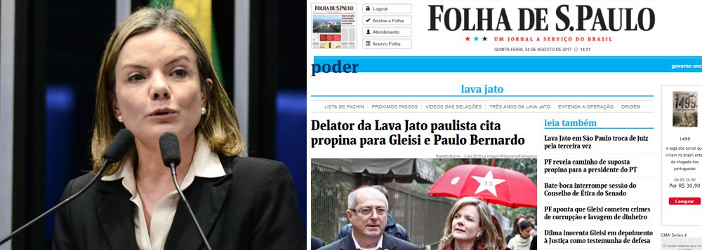 A senadora Gleisi Hoffmann, presidente nacional do PT, acusou o jornal Folha de S. Paulo de promover notícias falsas sobre ela e o PT - a matéria do jornal paulista está intitulada como "Delator da Lava Jato paulista cita propina para Gleisi e Paulo Bernardo"; de acordo com a parlamentar, "esse assunto já foi noticiado anteriormente e já o desmentimos"; "Seria bom que o jornal, ao fazer a denúncia, colocasse as provas que dão base ao que se fala", criticou a dirigente petista 