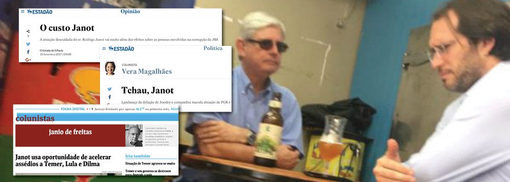 A atuação do procurador-geral da República, Rodrigo Janot, no episódio das delações da JBS foi o estopim para que parte dos principais jornais do País lhe abandonasse; em editorial "O custo Janot", o Estadão o culpa por atrapalhar "a vida de todos os brasileiros, ao comprometer a recuperação da economia"; já colunista Vera Magalhães diz que Janor se "constitui o maior ataque aos fundamentos da Lava Jato"; já a extrema direita distribui pela rede o encontro de boteco, ontem, entre ele e o advogado de Joesley Batista, Pierpaolo Bottini; "Acusar Lula e Dilma, os governantes que deram não apenas apoio, mas a independência que o Ministério Público, passaram a ser o gemido de perdão de Janot às elites do dinheiro e da mídia", diz Fernando Brito