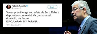 O senador Roberto Requião (PMDB-PR), presidente da Frente Ampla Nacionalista, tem uma certeza: os corruptos "ejacularam" no Paraná e no Brasil; desabafo do parlamentar tem relação com as delações no âmbito da Operação Quadro Negro, que apontam a cúpula do governo do Paraná no roubo de escolas, e nas da lava jato que não têm fim, indicando o envolvimento da cúpula nacional peemedebista em "assaltos" ao país; "Ladrões de escolas não construídas, ladrões do fisco, vaidosos com péssimas alianças ... Será isto que nos resta? Espero que não!", tuitou Requião