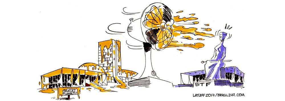 Nova charge do cartunista Carlos Latuff para o 247 mostra que o procurador-geral da República, Rodrigo Janot, colocou toda a capital federal sob suspeita com o anúncio do novo áudio de delatores da JBS; segundo Janot, há ministros do Supremo citados e "fatos gravíssimos" na conversa