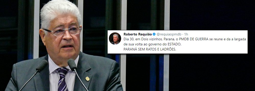 O senador Roberto Requião (PMDB-PR), pelo Twitter, confirmou nesta segunda-feira (25) que disputará no ano que vem o governo do Paraná; "Dia 30, em Dois vizinhos, Paraná, o PMDB de guerra se reúne e da largada de sua volta ao governo do Estado. Paraná sem ratos ladrões", tuitou; peemedebista vinha, até então, despistando sobre o rumo que tomaria em 2018