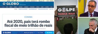 Grupo de mídia comandado por João Roberto Marinho estampa em seu site que o Brasil produzirá um rombo de meio trilhão de reais até 2020, expondo a falência da política econômica de Michel Temer e Henrique Meirelles; em seu primeiro mandato, a presidente legítima Dilma Rousseff fez superávits de R$ 292 bilhões; depois disso, passou a ser sabotada e não conseguiu mais governar; deposta pela acusação de "pedaladas fiscais", Dilma já teria ajustado as contas se não tivesse sido vítima de um golpe incentivado pela Globo, que agora deve desculpas ao País