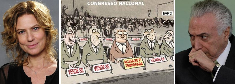 Atriz Patrícia Pillar fez uma dura crítica à situação do País e à própria população brasileira nesta quarta-feira, 2, dia histórico em que a Câmara dos Deputados vota o prosseguimento ou não da denúncia de corrupção passiva contra Michel Temer; "É com muita tristeza que digo que o povo brasileiro, em sua grande maioria, está sendo conivente com o estado de banditismo em que vivemos", disse Pillar em sua página no Twitter; nesta mesma quarta-feira, Michel Temer, sem pudor nenhum, enviou à Câmara o ministro Antônio Imbassahy à Câmara para negociar compra de votos de deputados em pleno plenário da Casa; Congresso à venda foi retratado também pelo chargista Angeli