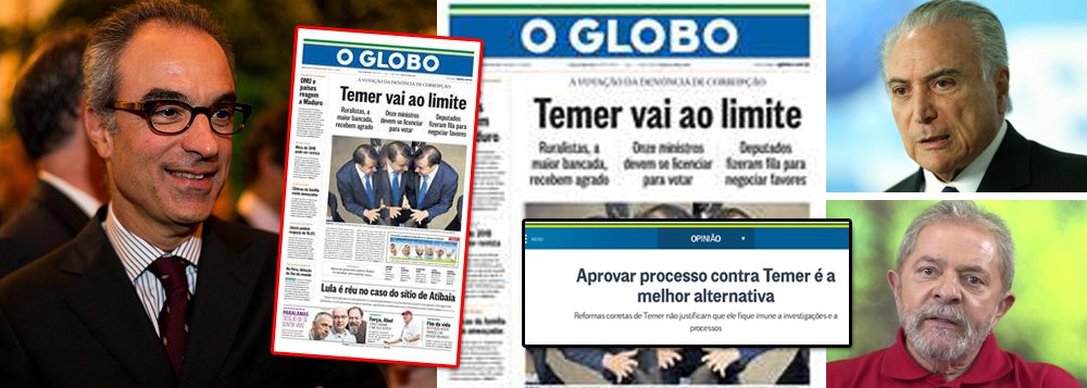 Um dos principais pilares do golpe de 2016, que derrubou a presidente honesta Dilma Rousseff e instalou no poder Michel Temer, o primeiro ocupante da presidência denunciado por corrupção na história do Brasil, o Globo, de João Roberto Marinho, voltou a pedir a queda de seu ex-aliado e fez uma crítica à seletividade do Poder Judiciário, que usa critérios diferenciados para o ex-presidente Lula; "Ora, o que o Ministério Público Federal entende sobre o comportamento do ex-presidente Lula nas relações promíscuas com empreiteiras precisa valer para todos. Não pode existir uma metodologia de interpretação de fatos entre procuradores e juízes que só valham para o PT. Inconcebível é fazer de conta que nada houve de pelo menos estranho no relacionamento entre Temer, JBS, Joesley, Loures e outros"