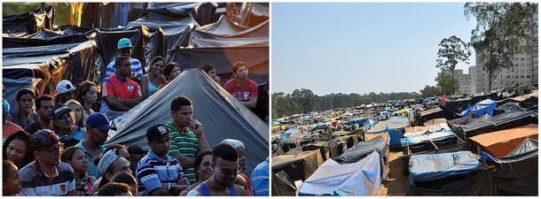 Barracas de lona preta se converteram na casa de pelo menos 7 mil famílias na megaocupação Povo sem Medo, do MTST de São Bernardo do Campo, no ABC Paulista; estão crianças, idosos e trabalhadores, na maioria desempregados, que compartilham banheiros, cozinhas comunitárias, tarefas de trabalho diárias e um sonho: a casa própria; "Não queremos nada de graça nem queremos tomar nada de ninguém. Queremos pagar por isso, mas queremos que seja iniciado um projeto de moradia rápido, porque aqui ninguém tem mais como pagar aluguel", diz a ajudante geral Selma Alves, de 30 anos; reportagem de Sarah Fernandes, da RBA