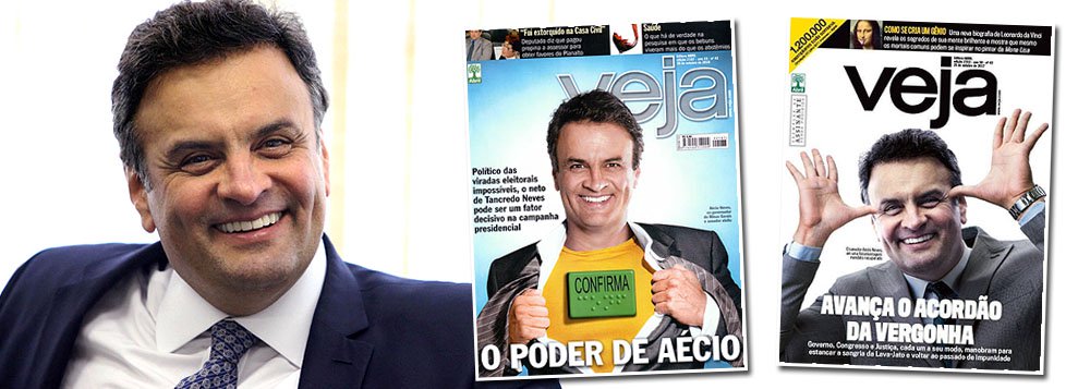 Mesmo tendo negociado propinas de R$ 2 milhões, que foram entregues em malas a seu primo Fred Pacheco, o senador Aécio Neves (PSDB-MG), responsável pela destruição da democracia brasileira, conseguiu ser blindado pelo STF e pelo Senado, no golpe "com Supremo, com tudo"; apesar disso, ele começa a ser abandonado pelos aliados da mídia que tentaram colocá-lo na presidência; Veja, que o apoiou, decidiu convertê-lo no novo símbolo da impunidade – posição que até recentemente era de Paulo Maluf; enquanto isso, a Folha, de Otávio Frias Filho, ordena que ele saia da vida pública; os barões da mídia, no entanto, ainda não se desculparam por embarcar no golpismo aecista, que derrubou uma presidente honesta e a imagem do Brasil
